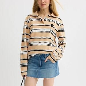Romy Varsity Polo Shirt Striped Embroidered Logo Long Sleeve Top Brown Black XL
